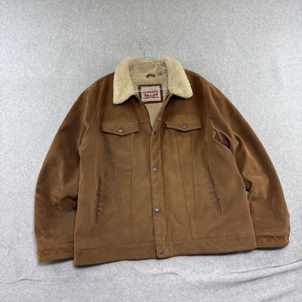 Levi's Sherpa Lined Trucker Jacket Mens XL Brown Heavy Faux Suede Fleece Coat